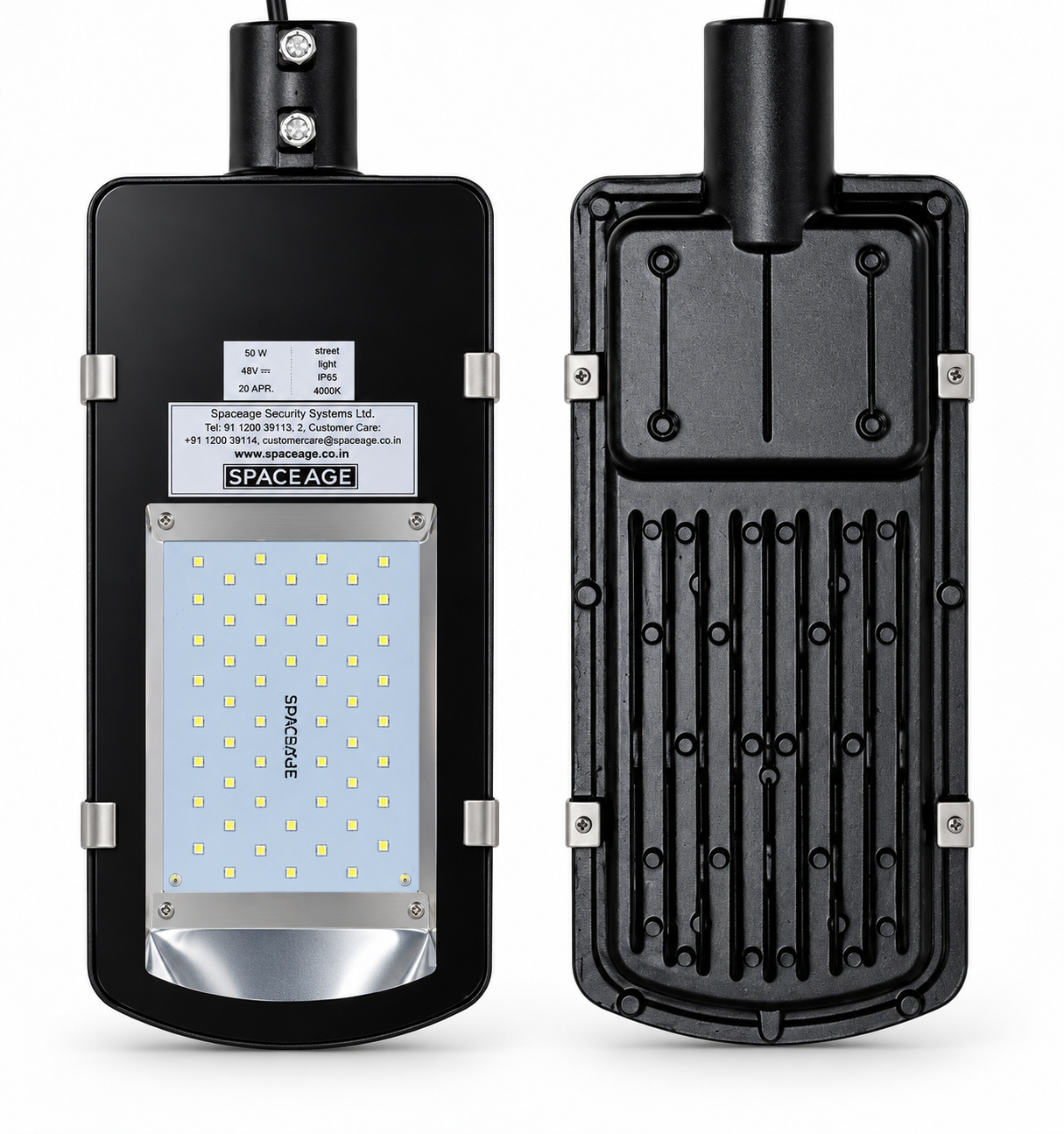 Spaceage 48V DC 50W LED security flood light for telecom BTS - front view with 64 LEDs and rear view with finned aluminium heat sink